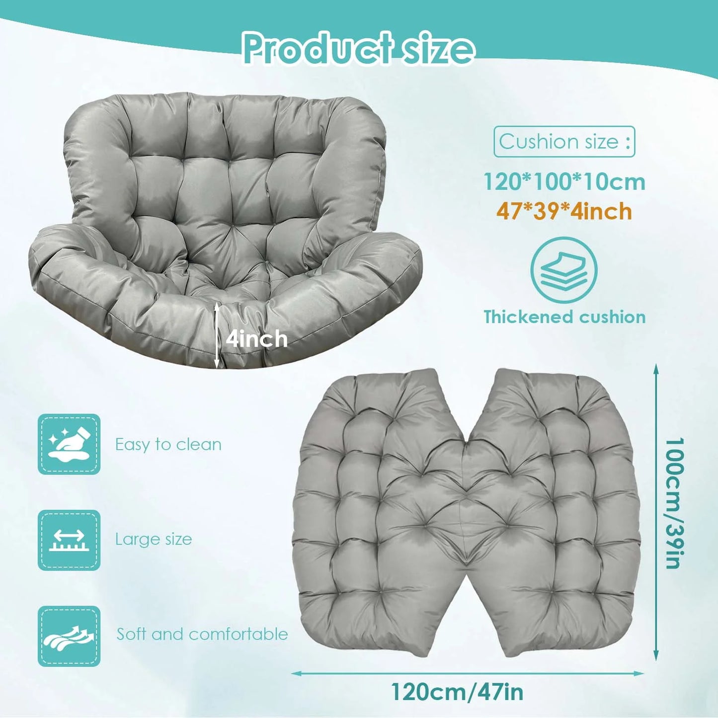 Swing Egg Chair Cushion, Waterproof Rocking Chair Pad, Oversized Hammock Chair Pad, Multifunctional Wicker Egg Lounge Chair Soft Cushion Indoor Outdoor, Gray