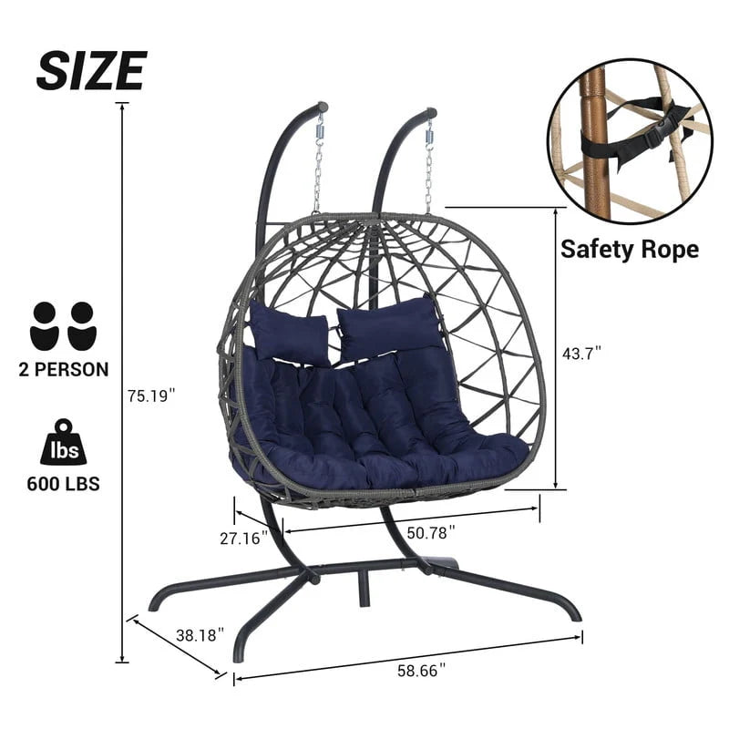 Double Swing Egg Chair with Stand, 2 Person Indoor Outdoor Wicker Loveseat, Oversized Patio Hanging Basket Chair with Cushions, Cozy Sturdy Porch Swing for Backyard