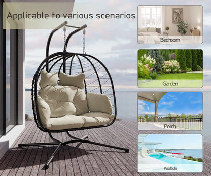 Double Wicker Swing Egg Chair Hammock Foldable Hanging Loveseat with Stand, UV Resistant Removable Cushions, 700LBS Capacity for Bedroom, Balcony (Black and Beige)