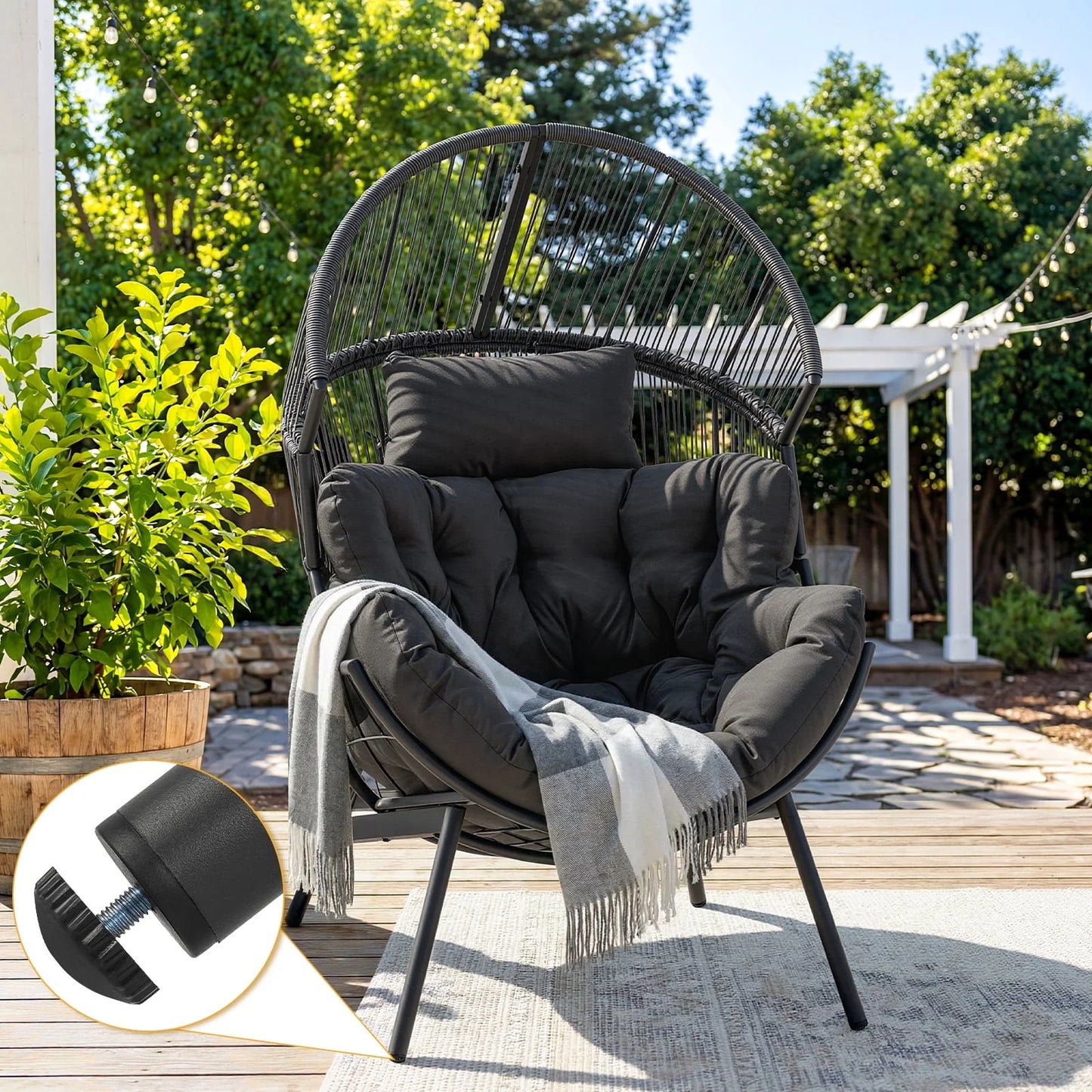 Oversized Egg Chair with Thick Cushion, Wicker Lounge Chair Rattan Patio Chair Indoor Outdoor Patio Lounger Basket Chair W/ Steel Frame, 500Lbs Capacity, Gray