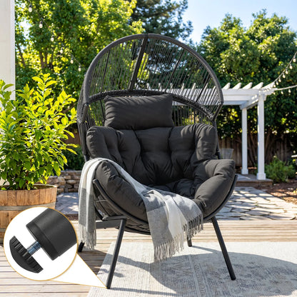Oversized Egg Chair with Thick Cushion, Wicker Lounge Chair Rattan Patio Chair Indoor Outdoor Patio Lounger Basket Chair W/ Steel Frame, 500Lbs Capacity, Gray