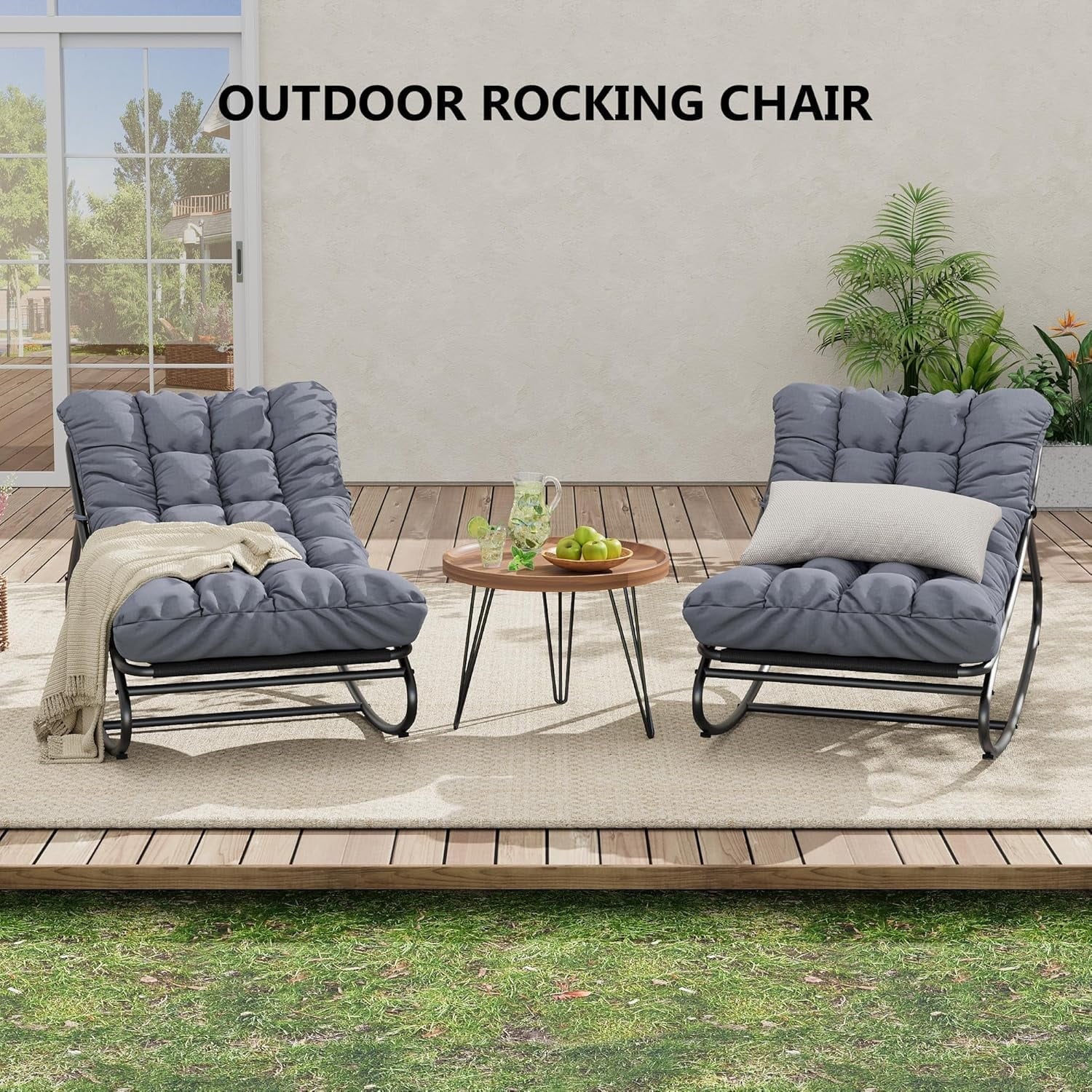 Outdoor Lounge Chairs, Papasan Rocking Chair, Oversized Egg Chair with Adjustable Tilt & Removable Cushion, 450 Lbs Capacity Rust-Proof Steel Frame for Patio, Porch, Poolside, Gray