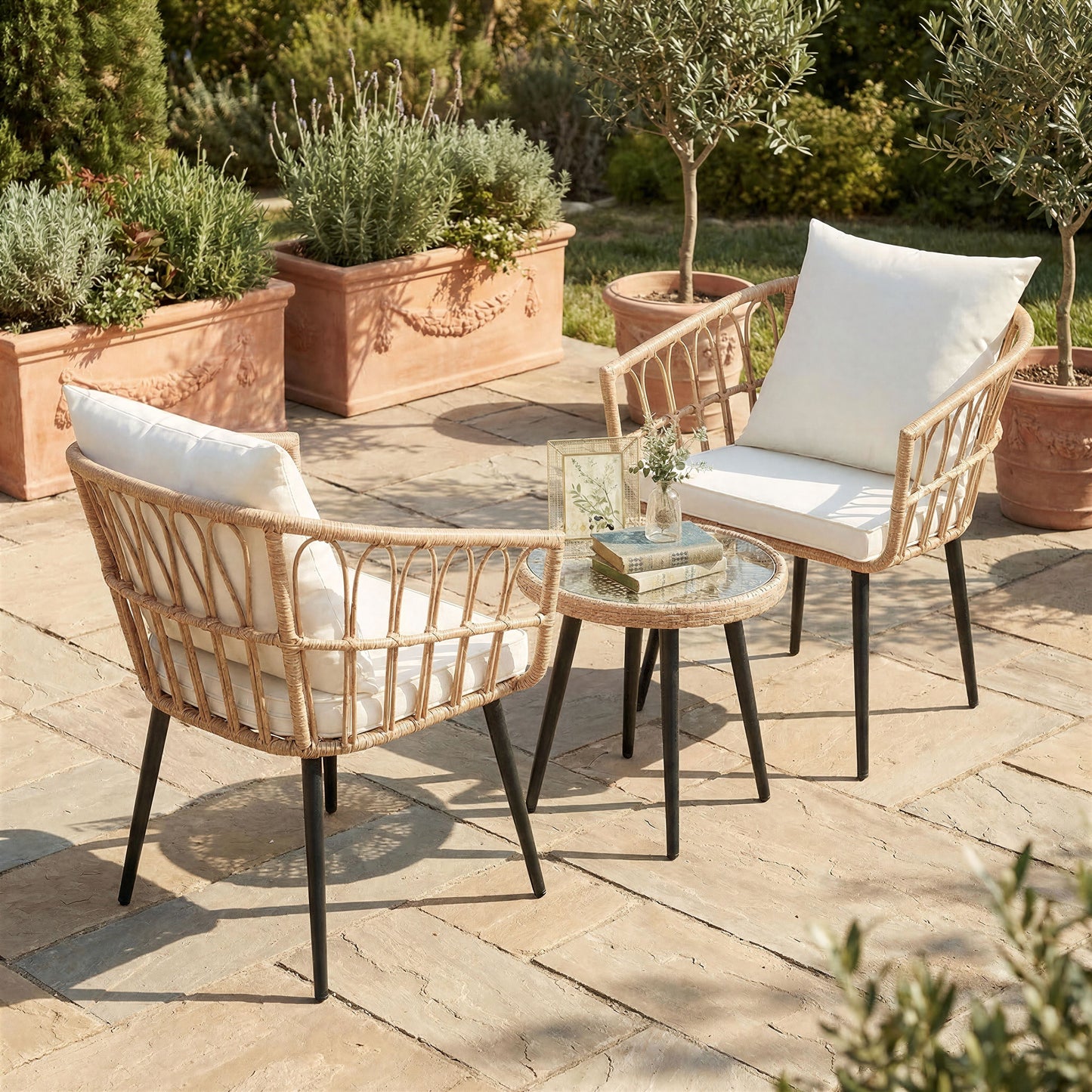 3 Piece Patio Bistro Set,Outdoor Wicker Apartment Balcony Furniture Sets, Rattan Table and Chairs Set of 2 for Porch Backyard Lawn Poolside Deck, Beige