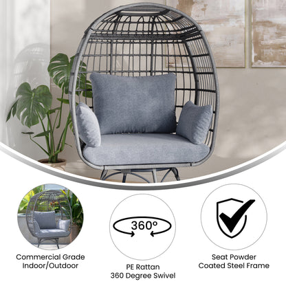 Gray/Gray Indoor/Outdoor Oversized Swivel Lounge Egg Chair with Wicker Rattan Construction and 4 Cushions for Patio, Sunroom, or Deck